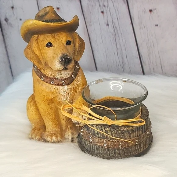 Western Cowboy Hat Yellow Labrador Retriever Dog Puppy Resin Candle Holder 6"x6" - Picture 16 of 16